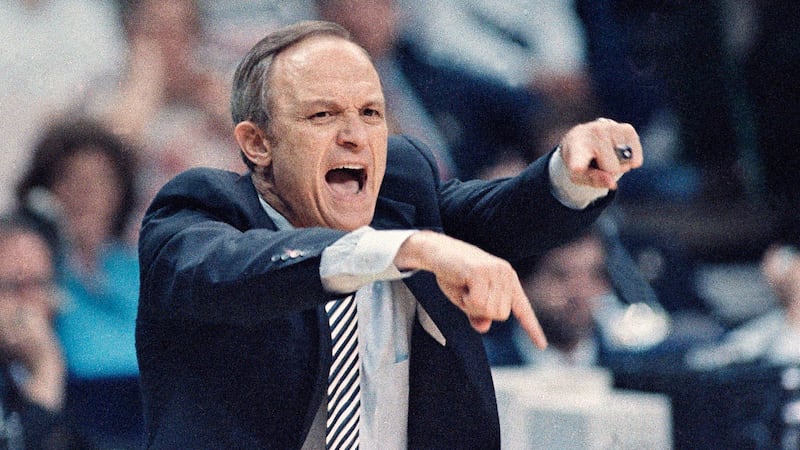 FILE - In this March 29, 1986, file photo, LSU coach Dale Brown yells to his team from the...